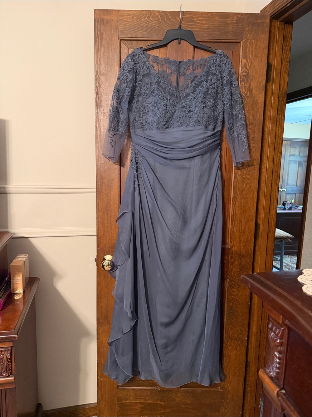Charcoal Gray Lace-Top Chiffon Mother of the Bride Dress